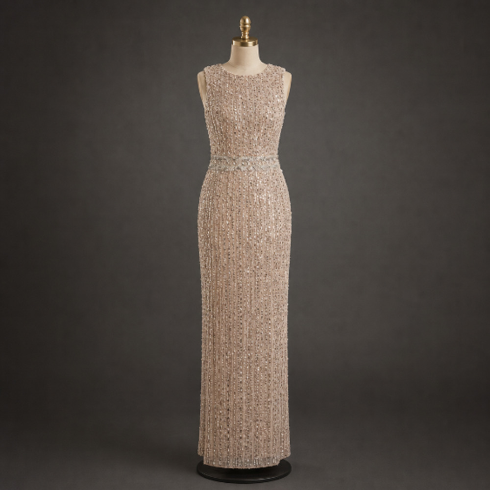 NWT Mac Duggal Sequined High Neck Sleeveless Maxi Gown - Nude/Gold Size 2